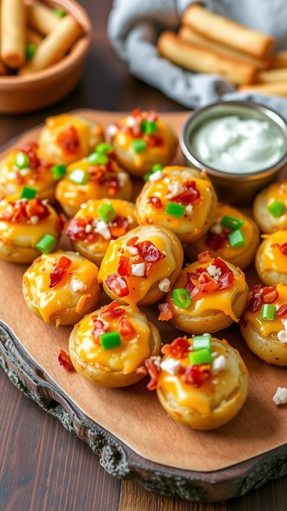 Crispy Loaded Potato Bites Recipe Crispy loaded potato bites topped with cheese, bacon, and green onions on a wooden platter with sour cream.